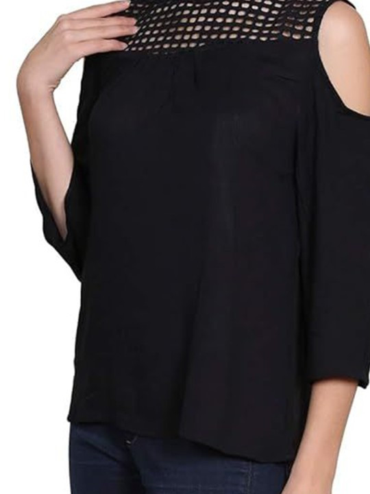 Women Lace Inserts Cold-Shoulder Cotton Top